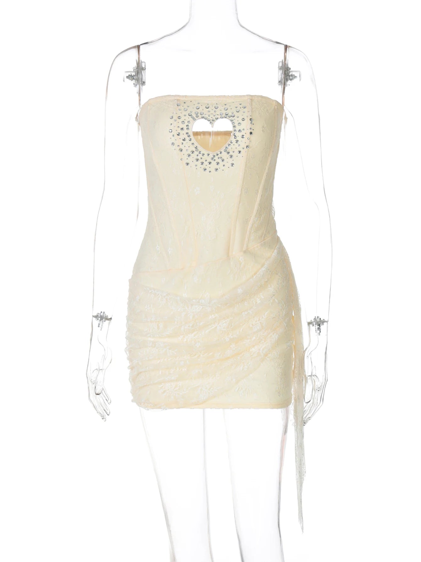 Sequined Strapless Mesh Mini Dress With Heart Cutout Zip Front