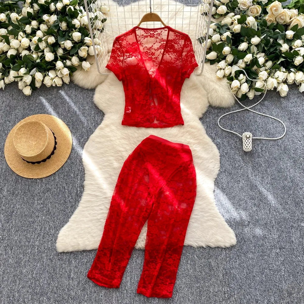 Airy Mesh Tie Up Cardigan Top And Capri Pencil Pants Set