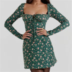 Women Lace Bodycon Mini Square Neck Long Sleeve Bustier Dress
