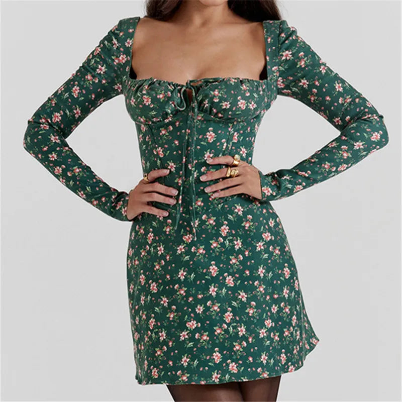 Women Lace Bodycon Mini Square Neck Long Sleeve Bustier Dress