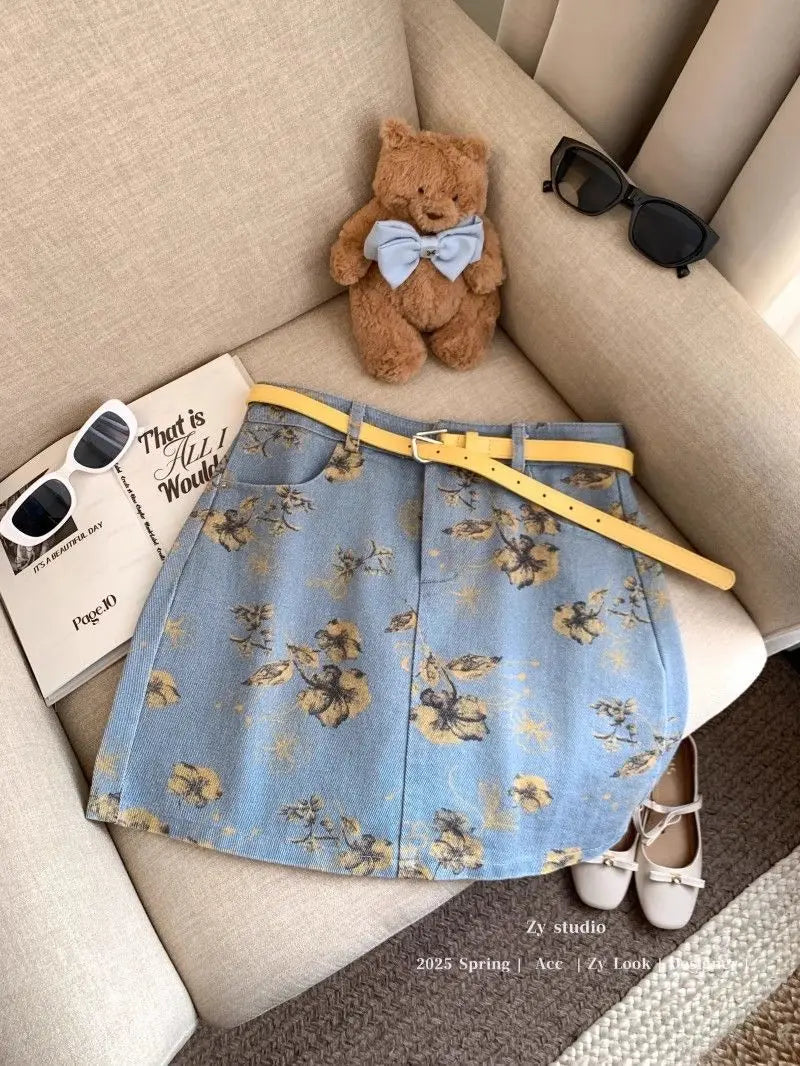 Retro Tie-Dye Denim A-Line Skirt With High Waist