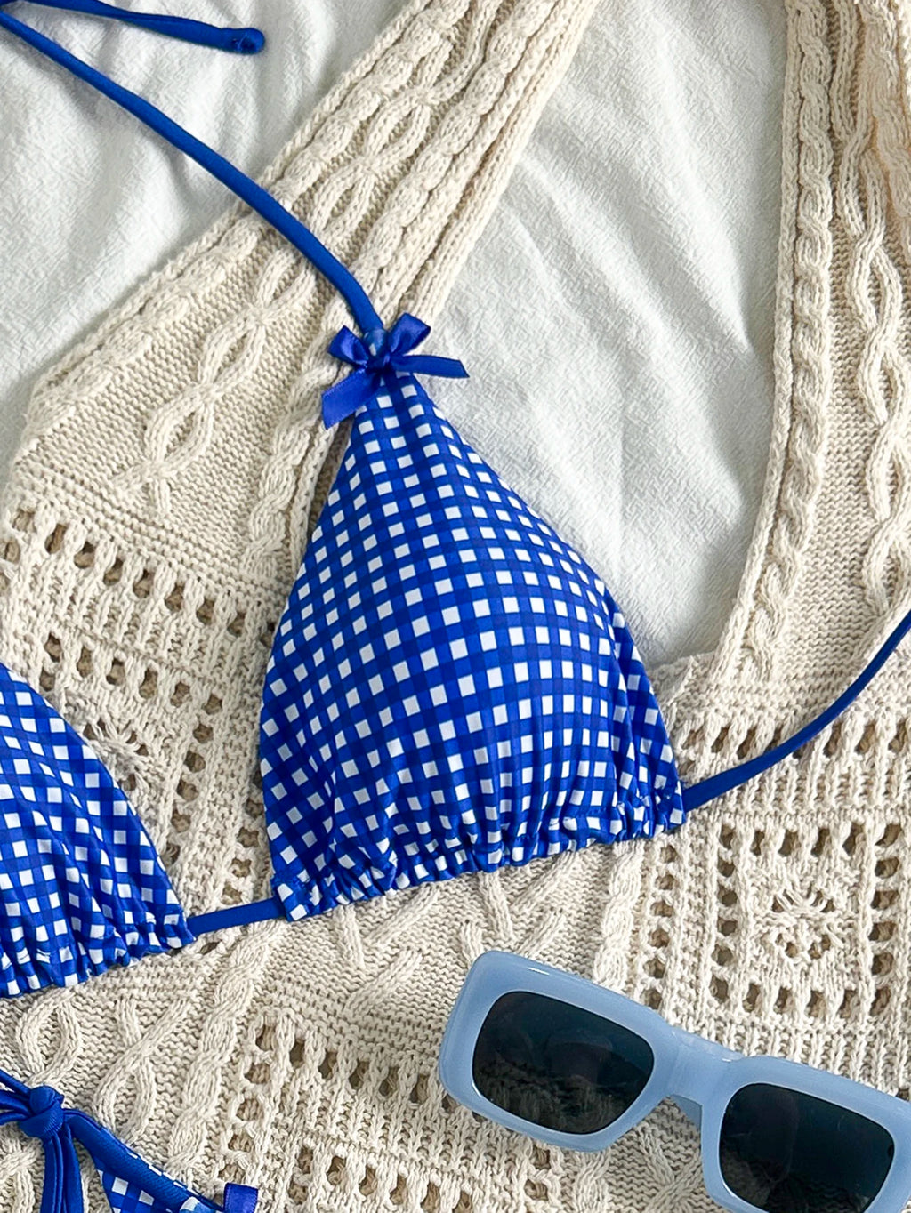 Picnic Plaid Bikini Set in Blue and White Bowknot Halter Top with Tie Up Triangle Bottoms