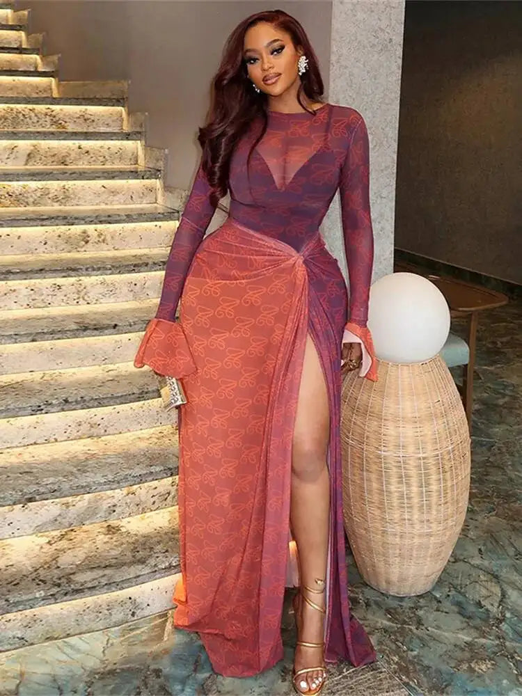 Vivid Patchwork See Through Dress With Flare Sleeves And Side Split