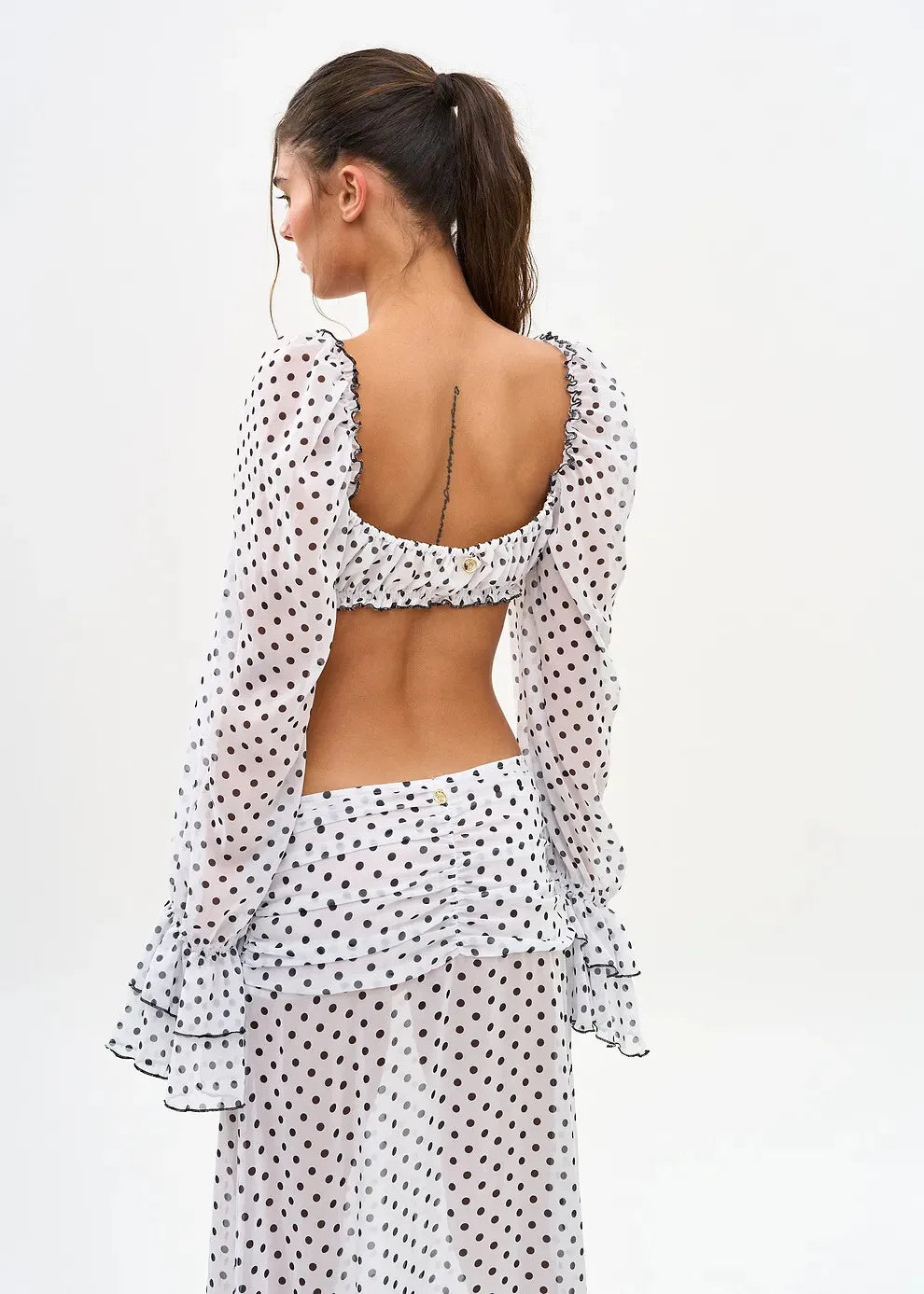 Mesh Two Piece l Set With Long Sleeve Backless Crop Top And Sheer Skirt