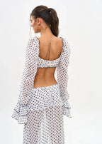 Mesh Two Piece l Set With Long Sleeve Backless Crop Top And Sheer Skirt