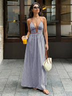 Sea Breeze Striped Deep V Beach Dress With Backless Sleeveless Maxi