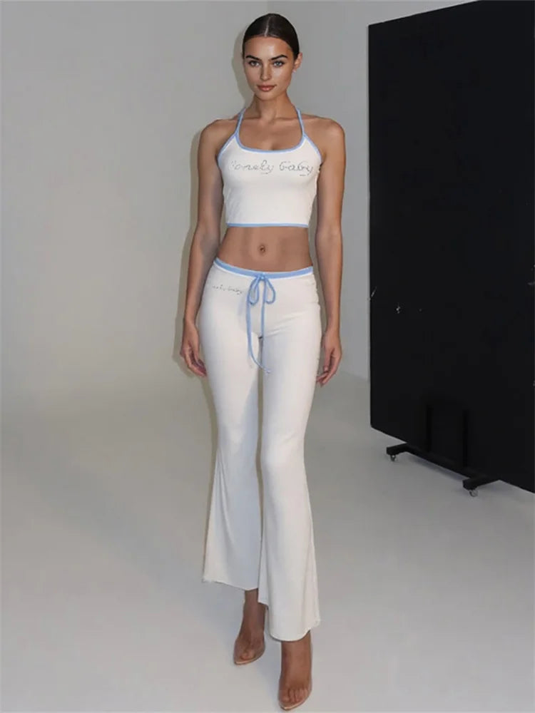 Halter Crop Top Two Piece Set With Drawstring Flare Pants Bold Letter Print