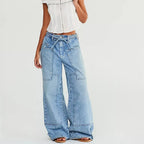 Relaxed Wide Leg Denim Jeans With Big Pockets Casual Baggy Trousers Vintage Streetwear Vibe