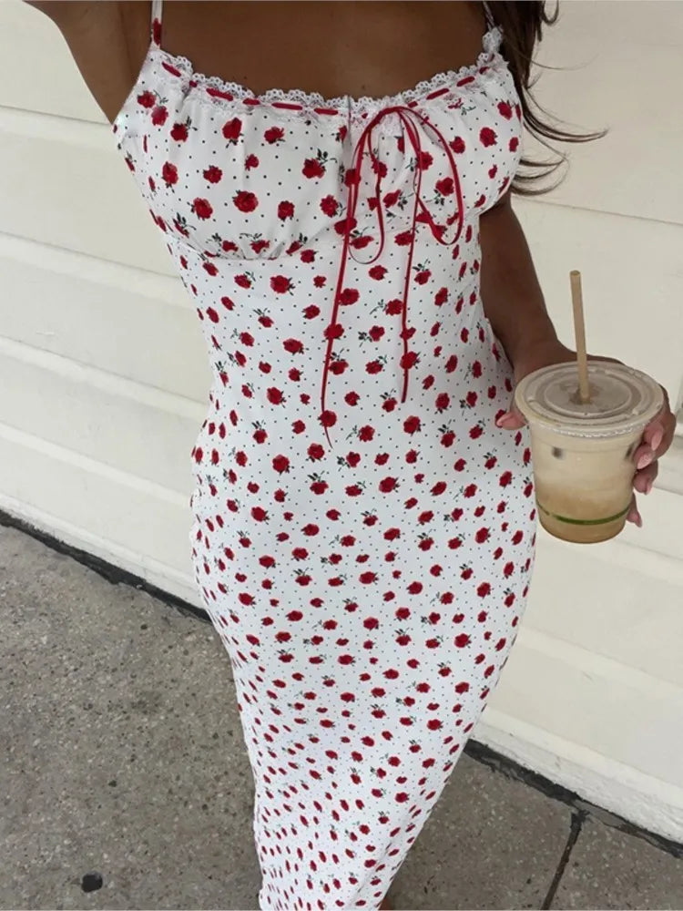 Floral Spaghetti Strap Maxi Dress With Lace Trim And Lace Up Detail