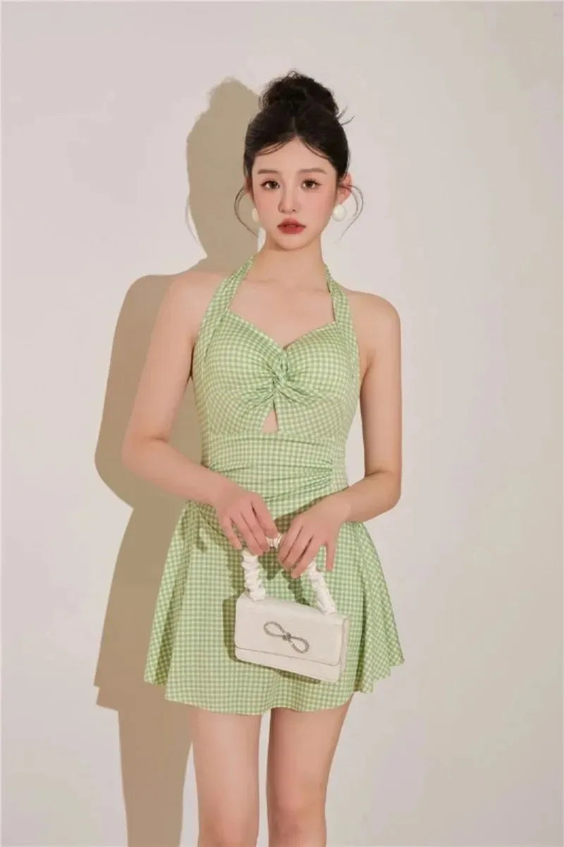 Plaid Backless Swim Dress With Halter Neck