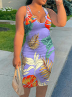 Plus Size Sleeveless Notched U Neck Tropical Print Bodycon Mini Dress