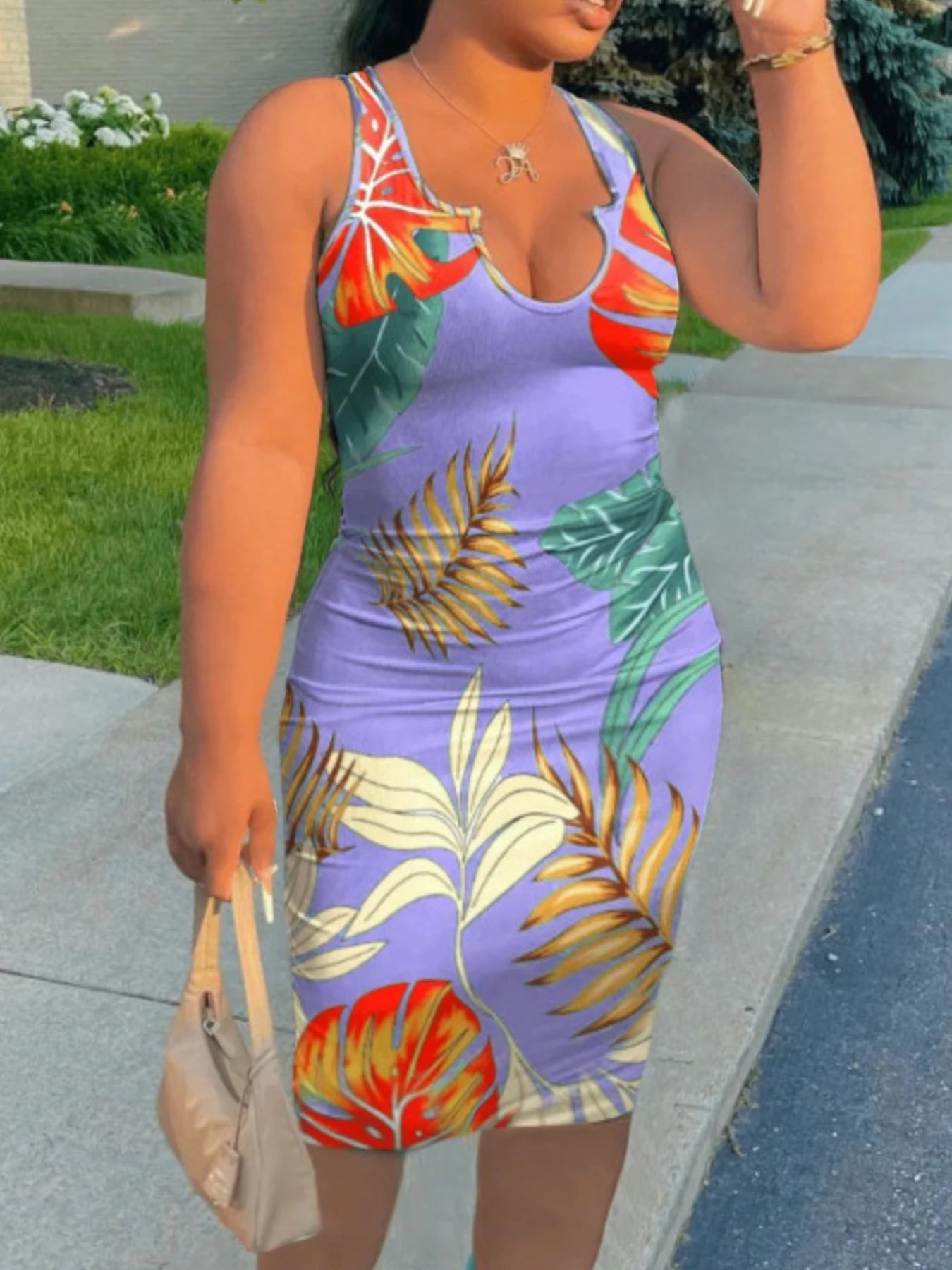 Plus Size Sleeveless Notched U Neck Tropical Print Bodycon Mini Dress