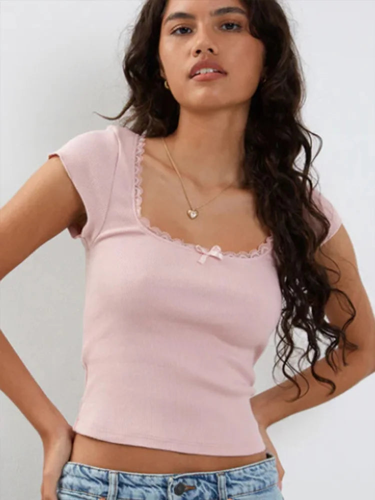 Vintage Cottagecore Knit Tee With Lace Trim And Square Neckline Milkmaid Crop Top