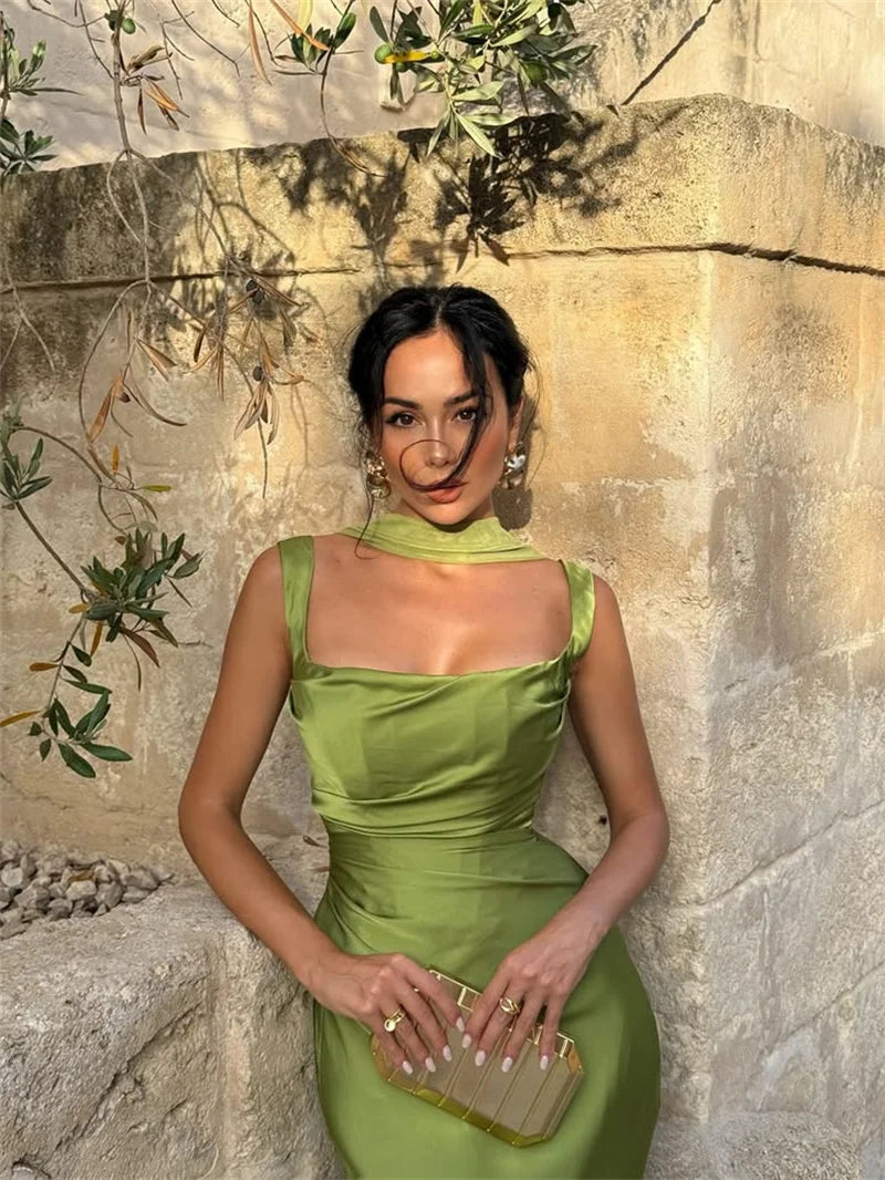 Elegant Satin Backless Halter Off-Shoulder Maxi Dress
