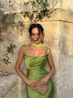 Elegant Satin Backless Halter Off-Shoulder Maxi Dress