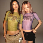 Y2K Letter Print See Through Graphic Tee For Women Short Sleeve Aesthetic Streetwear