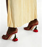 Open Toe Strappy Sandals With Rose Stem Heel Multicolor Leather Straps And Floral Accent