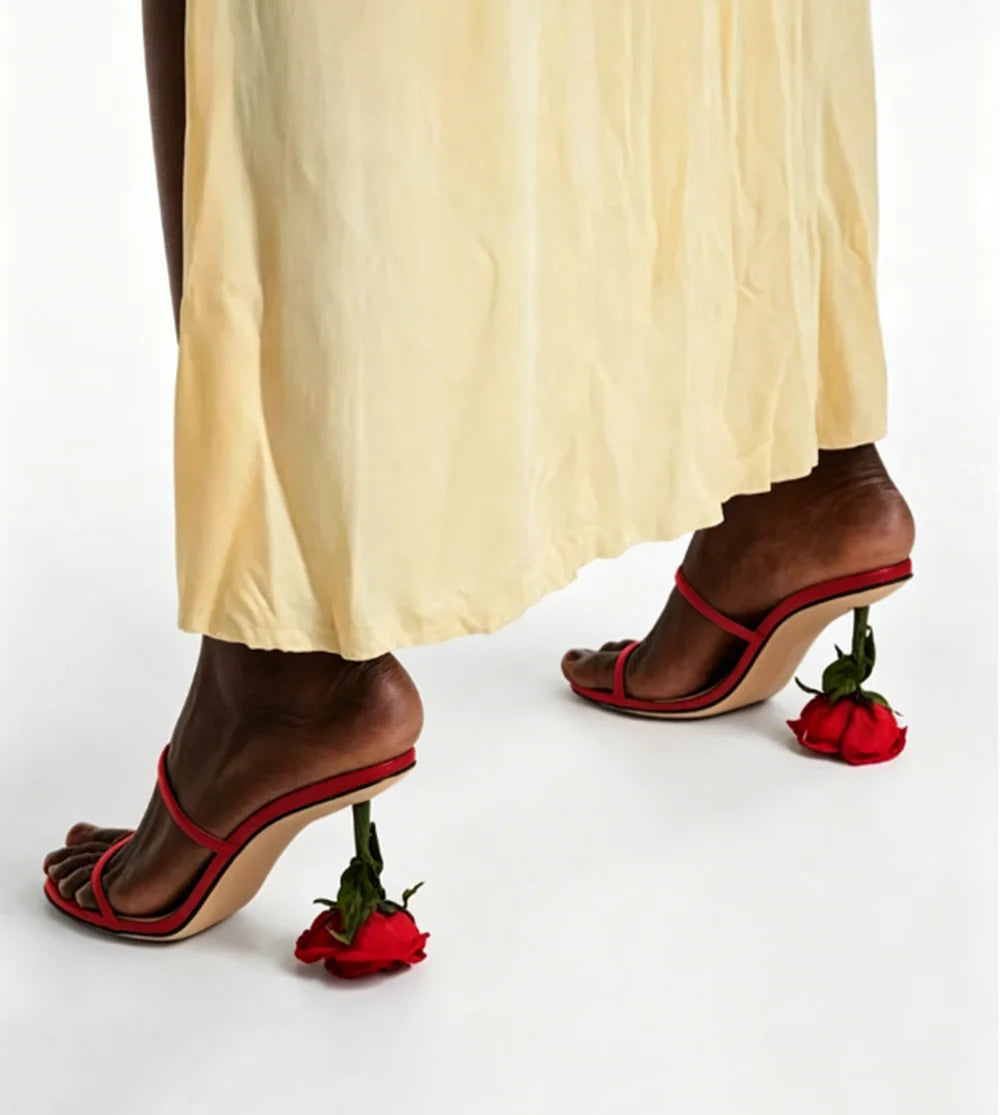 Open Toe Strappy Sandals With Rose Stem Heel Multicolor Leather Straps And Floral Accent
