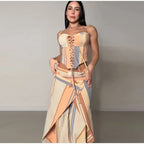 Chic Strips Pants Women Set Patchwork Slash Neck Bandage Top Pleated Asymmetry Trousers