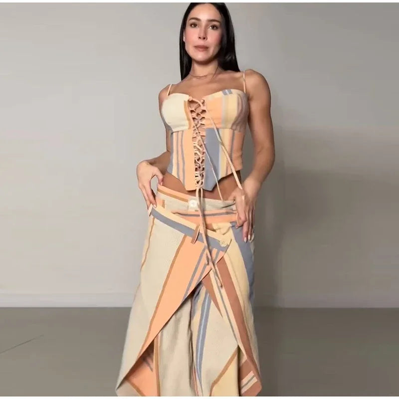 Chic Strips Pants Women Set Patchwork Slash Neck Bandage Top Pleated Asymmetry Trousers