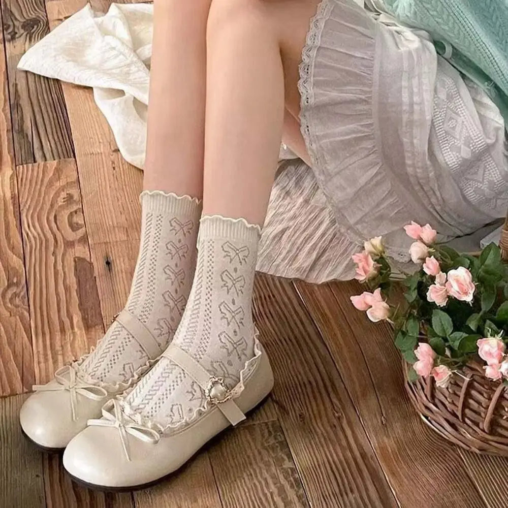 Lolita Inspired Mary Jane Flats With Bow Lace Pu Leather Soft Sole Slip On