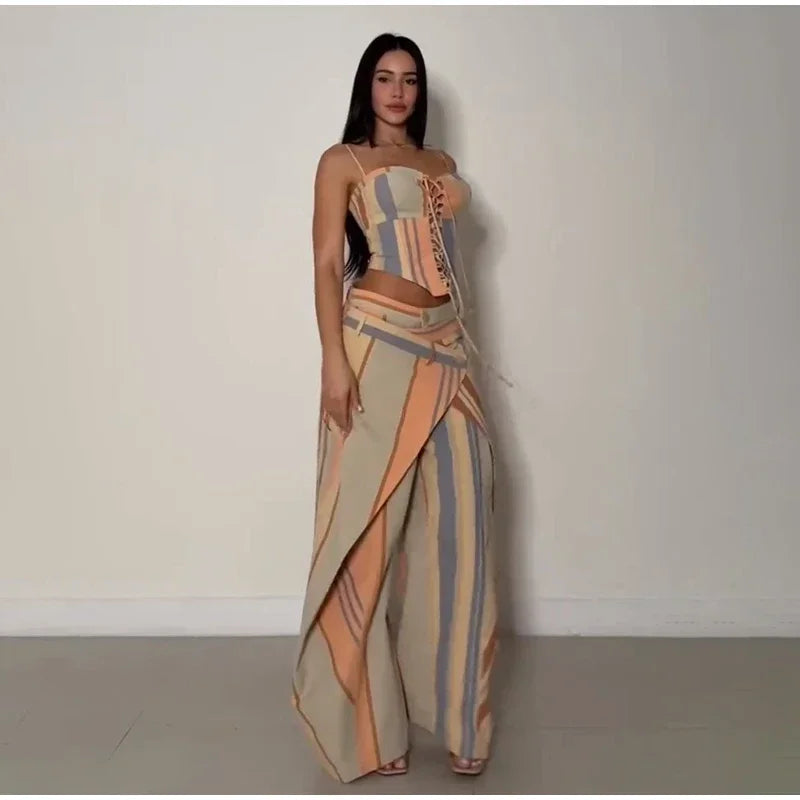 Chic Strips Pants Women Set Patchwork Slash Neck Bandage Top Pleated Asymmetry Trousers