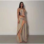 Chic Strips Pants Women Set Patchwork Slash Neck Bandage Top Pleated Asymmetry Trousers