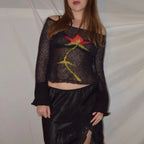 Vintage Floral Cottage Knit Crop Top With Sheer Mesh Detail