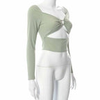 Hollow Out V Neck Ribbed Backless Crop Top With Long Sleeves And Square Collar