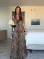 Leopard Print Maxi Dress With Lace Trim And Spaghetti Straps