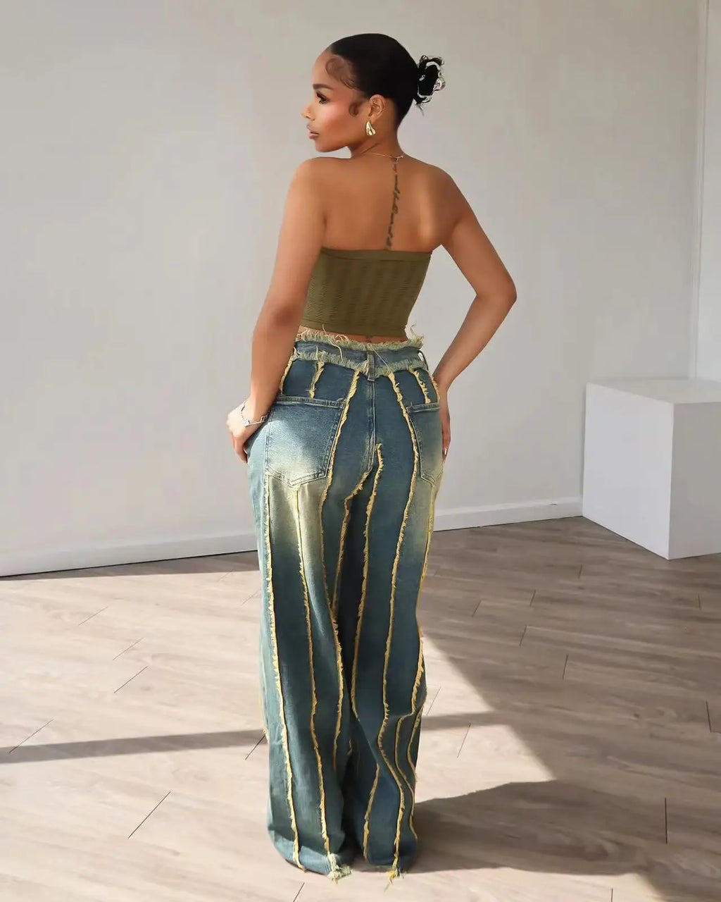 Wide Leg High Waist Denim Jeans For Women Chic Streetwear Straight Trousers With Drawstring