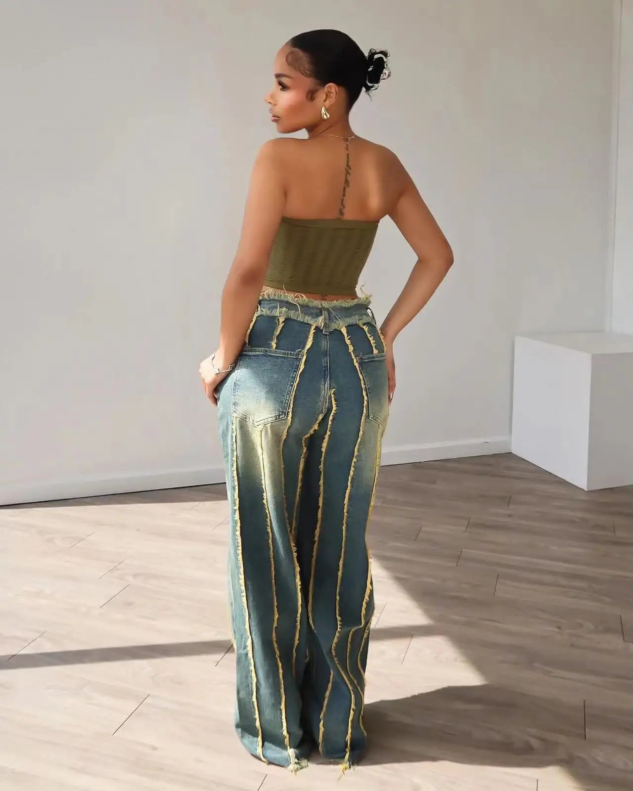 Wide Leg High Waist Denim Jeans For Women Chic Streetwear Straight Trousers With Drawstring