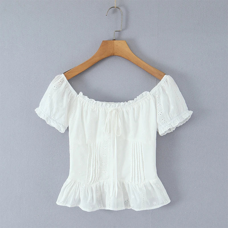 Women Sweet Lace Patchwork Bow Tied Blouses French Slash Neck Short Sleeve