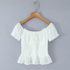 Women Sweet Lace Patchwork Bow Tied Blouses French Slash Neck Short Sleeve