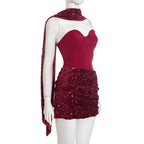 Sequin Patchwork Strapless Mini Dress Off Shoulder With Scarf Collar And Pleated Waist Cinch