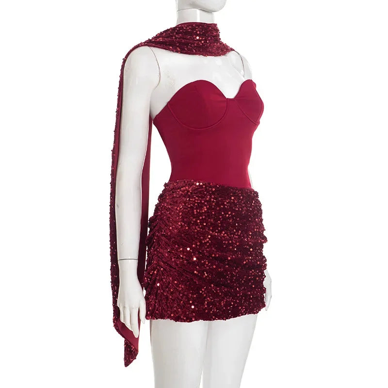 Sequin Patchwork Strapless Mini Dress Off Shoulder With Scarf Collar And Pleated Waist Cinch