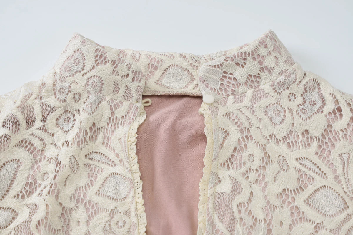 Lace Patchwork Hollow Out Mini Dress With Turtleneck And Long Flare Sleeves