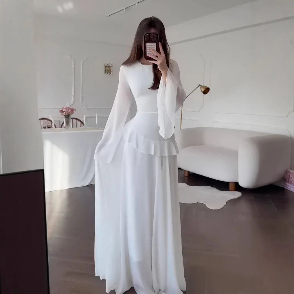Flare Sleeve Maxi Dress With Ruffle Detail O Neck High Waist Pleated