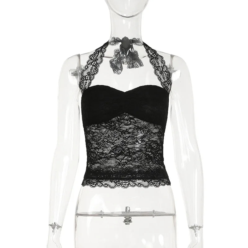 Elegant Lace Flora Halter Crop Top With Sheer Panel Lightweight Sleeveless Tank