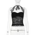 Elegant Lace Flora Halter Crop Top With Sheer Panel Lightweight Sleeveless Tank