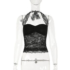 Elegant Lace Flora Halter Crop Top With Sheer Panel Lightweight Sleeveless Tank