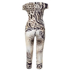 Leopard Print Two Piece Set For Women Slash Neck Backless Top And Hip Crop Pants