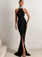 Elegant Backless Halter Ruched Long Dress With Striped Detailing