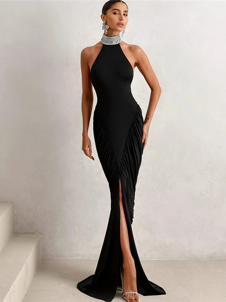 Elegant Backless Halter Ruched Long Dress With Striped Detailing