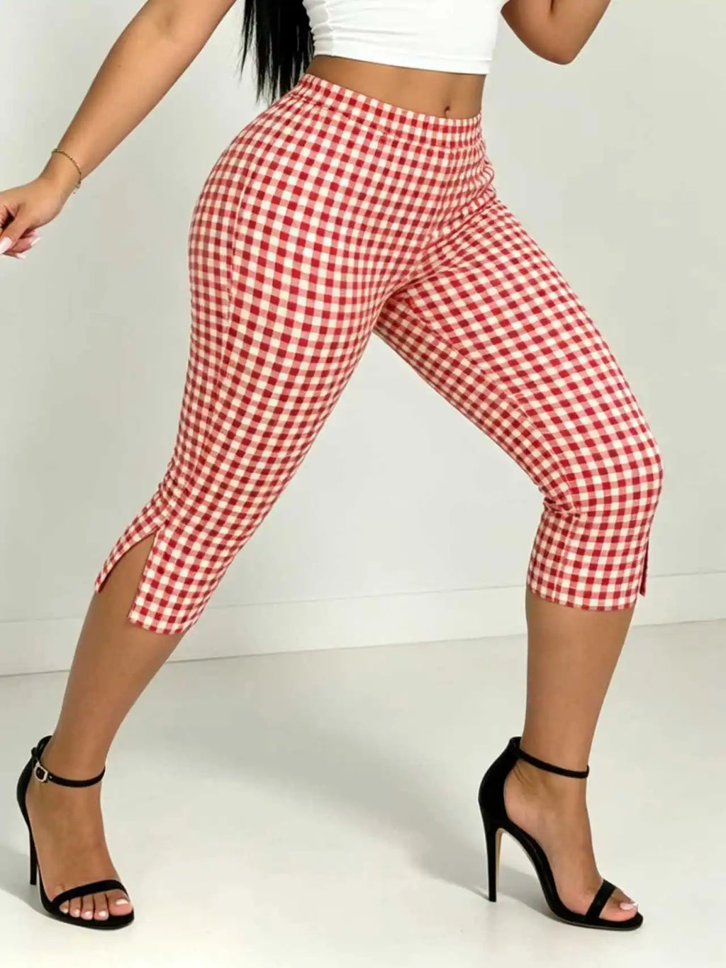 Red And White Checkered Capri Pants With Cuffed Hem Slim Fit Three Quarter Length