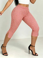 Red And White Checkered Capri Pants With Cuffed Hem Slim Fit Three Quarter Length
