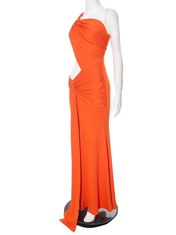 One Shoulder Backless Hollow Dress With Irregular Pleats And Tassel Patchwork
