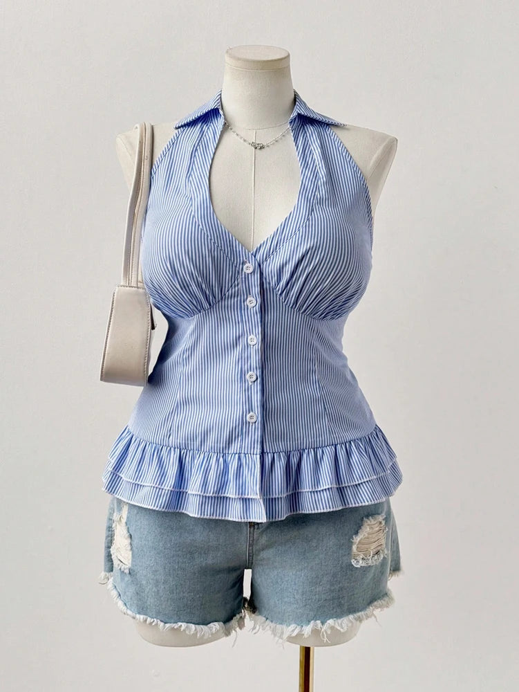 Blue Striped Sleeveless Shirt With Pleated Hem V Neck