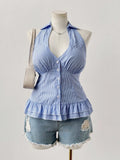 Blue Striped Sleeveless Shirt With Pleated Hem V Neck