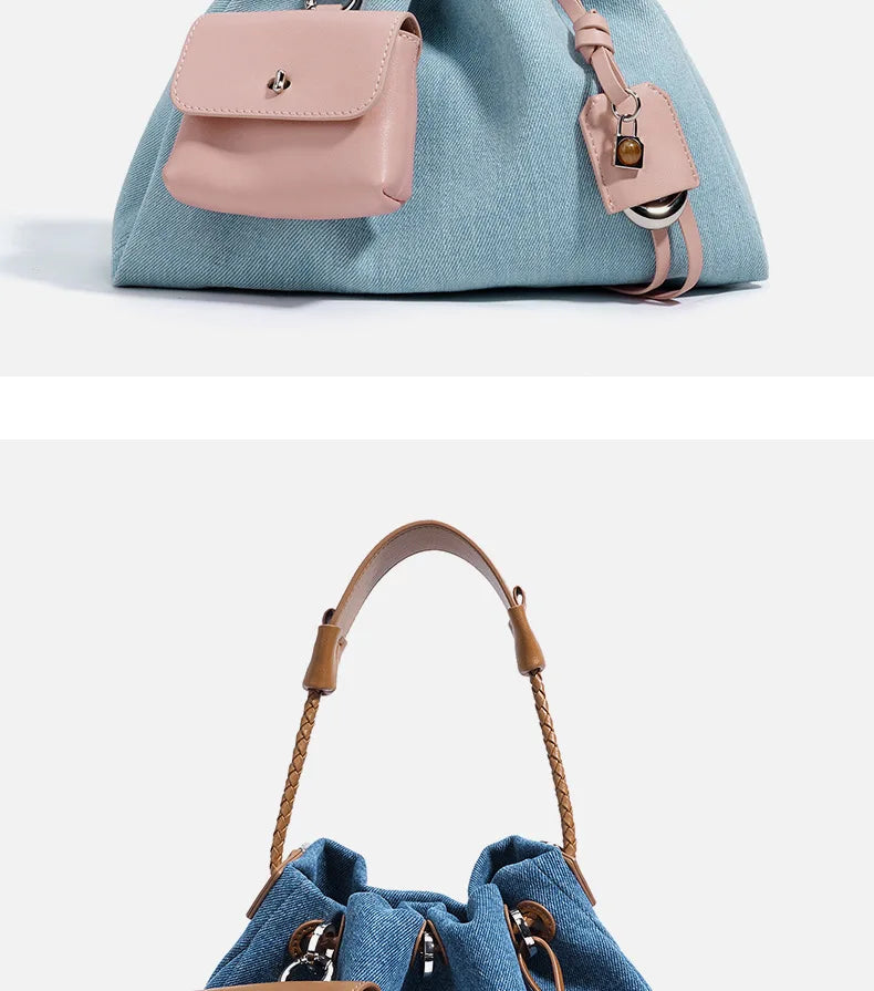Denim Pouch Handbag With Wallet Long Strap Shoulder Bag